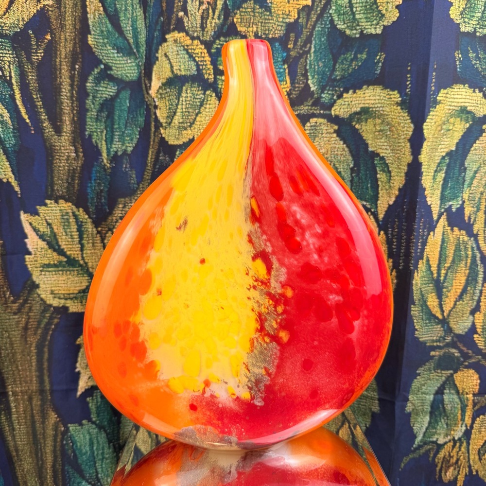 Art Glass Teardrop Vase Red Orange Yellow Hand Blown 12.5"